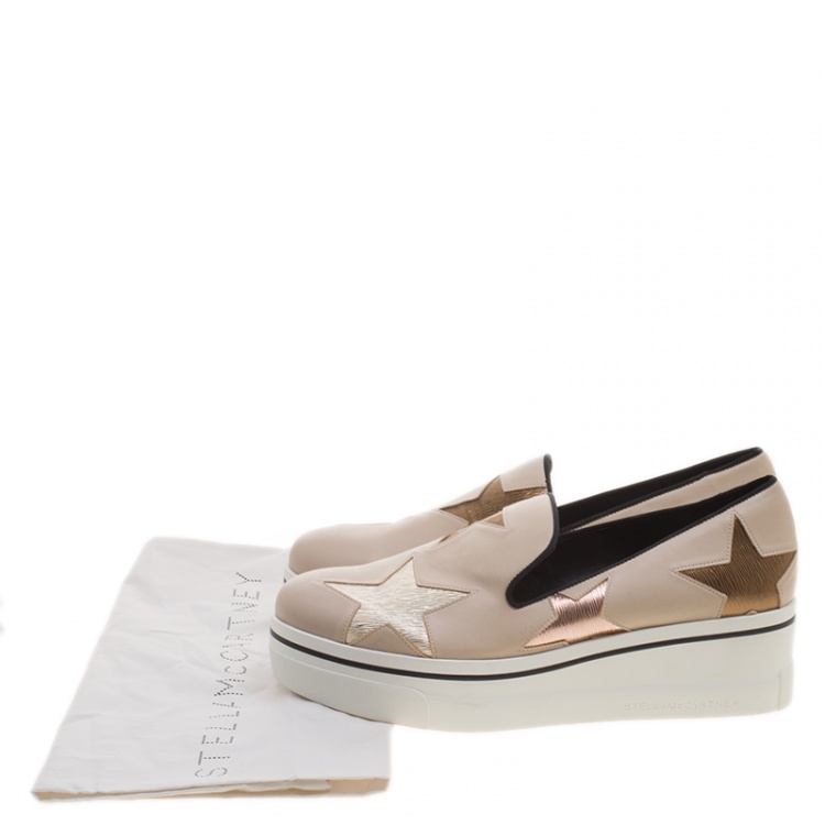 Pre Owned Stella McCartney Beige Faux Leather and Metallic Fabric Binx Star Platform Slip On Sneakers Size 41