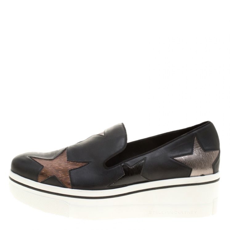 Pre Owned Stella McCartney Black Faux Leather and Metallic Textured Fabric Binx Star Platform Slip On Sneakers Size 40