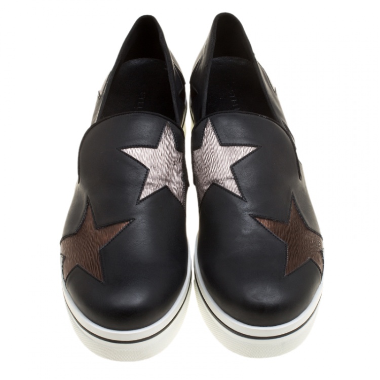 Pre Owned Stella McCartney Black Faux Leather and Metallic Textured Fabric Binx Star Platform Slip On Sneakers Size 40