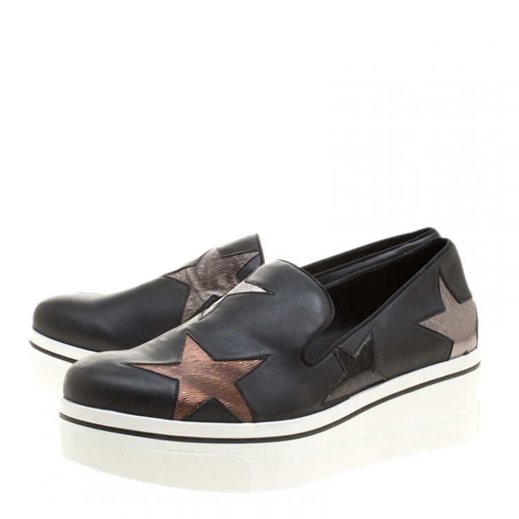 Pre Owned Stella McCartney Black Faux Leather and Metallic Textured Fabric Binx Star Platform Slip On Sneakers Size 40