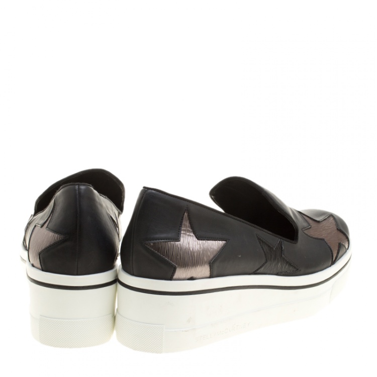 Pre Owned Stella McCartney Black Faux Leather and Metallic Textured Fabric Binx Star Platform Slip On Sneakers Size 40