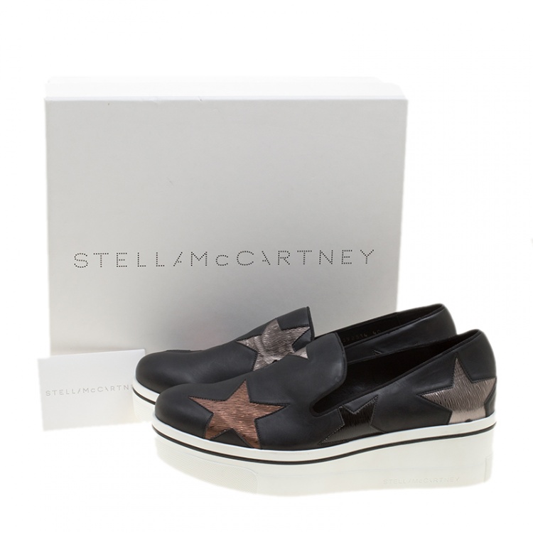 Pre Owned Stella McCartney Black Faux Leather and Metallic Textured Fabric Binx Star Platform Slip On Sneakers Size 40