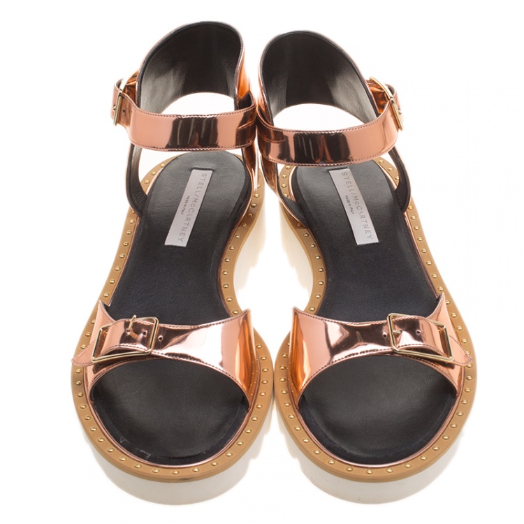 Pre Owned Stella McCartney Metallic Bronze Faux Leather Odette Studded Flat Sandals Size 41