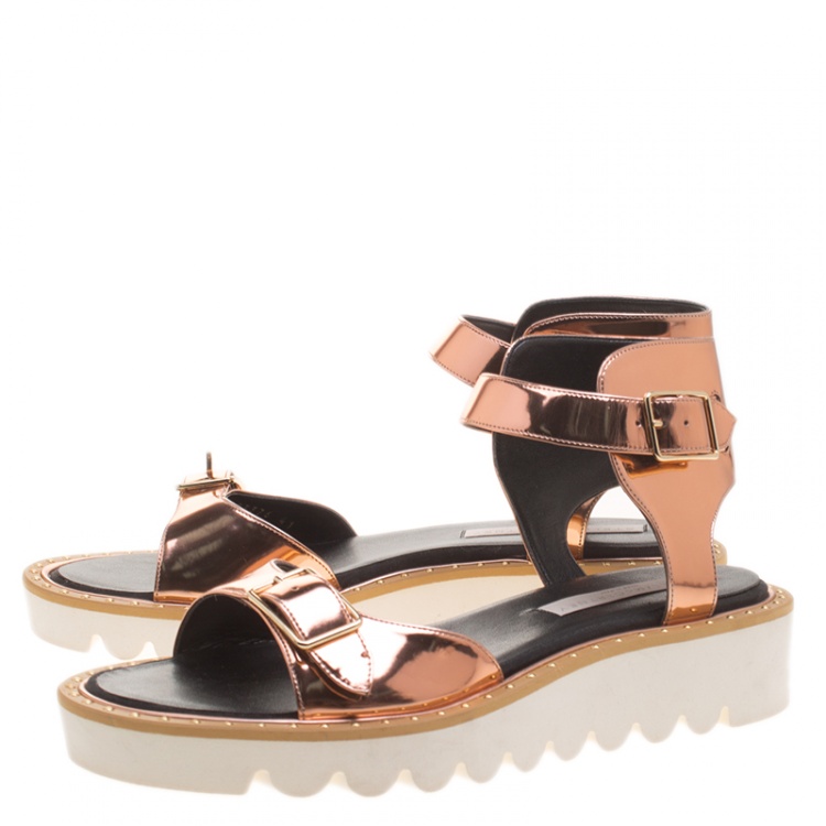 Pre Owned Stella McCartney Metallic Bronze Faux Leather Odette Studded Flat Sandals Size 41