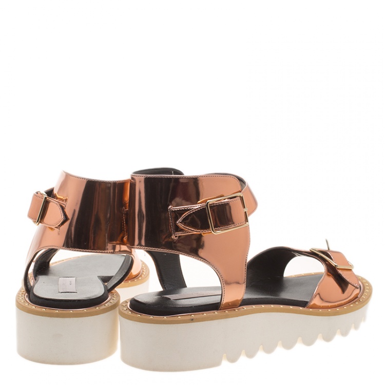 Pre Owned Stella McCartney Metallic Bronze Faux Leather Odette Studded Flat Sandals Size 41