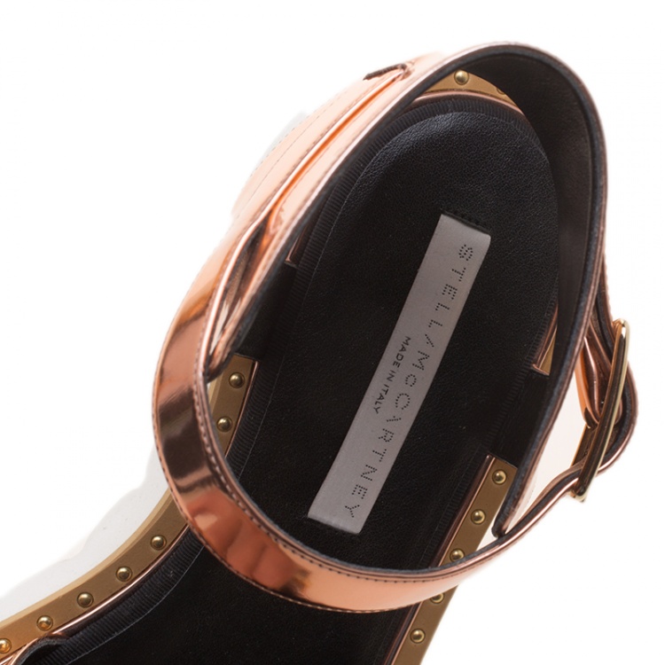 Pre Owned Stella McCartney Metallic Bronze Faux Leather Odette Studded Flat Sandals Size 41