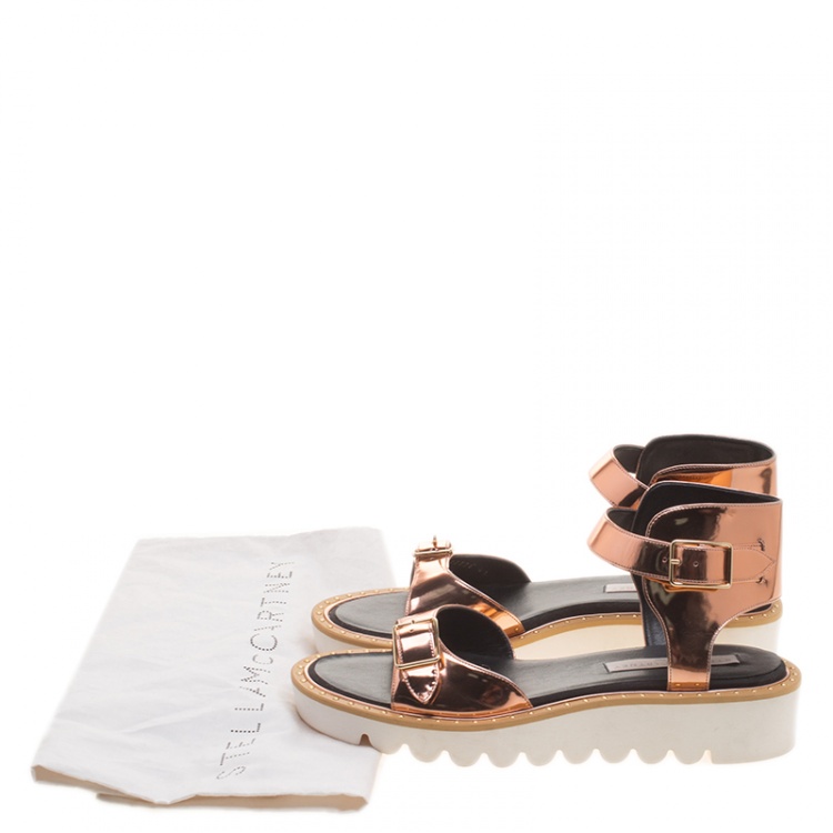 Pre Owned Stella McCartney Metallic Bronze Faux Leather Odette Studded Flat Sandals Size 41