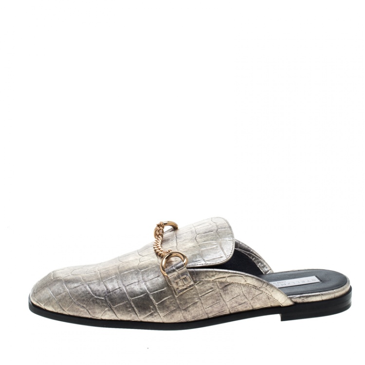 Pre Owned Stella McCartney Metallic Gold Faux Croc Embossed Leather Chain Trim Flat Slides Size 37