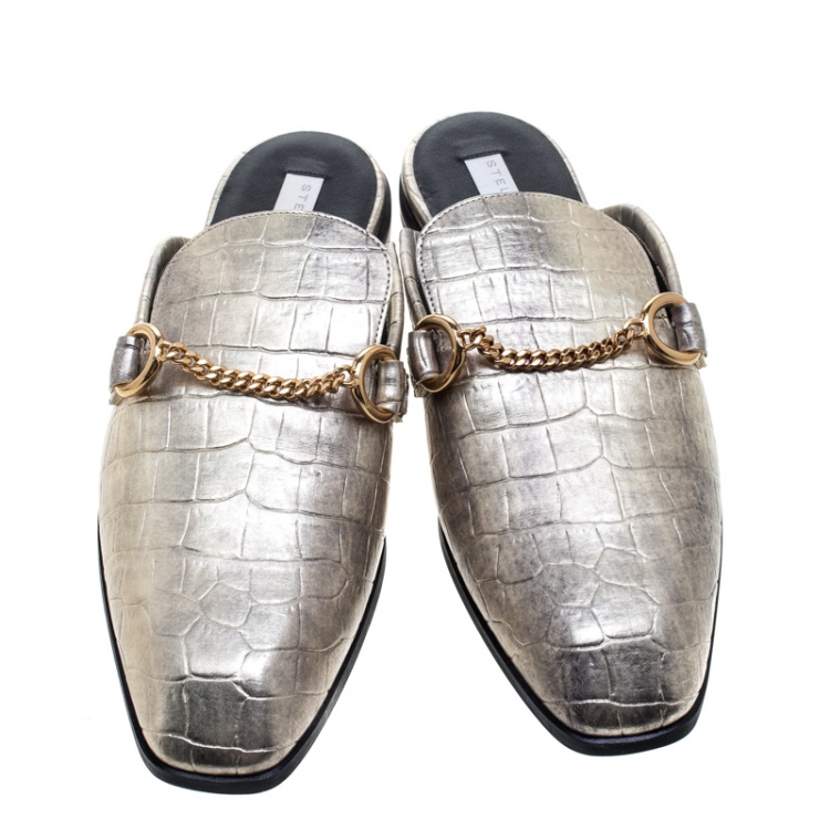 Pre Owned Stella McCartney Metallic Gold Faux Croc Embossed Leather Chain Trim Flat Slides Size 37