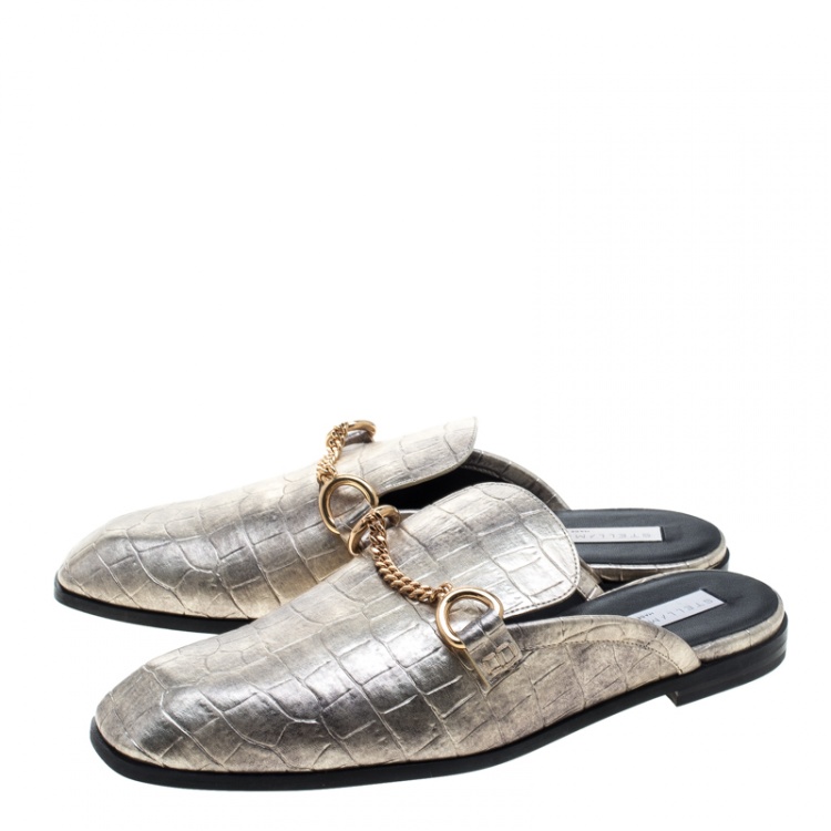 Pre Owned Stella McCartney Metallic Gold Faux Croc Embossed Leather Chain Trim Flat Slides Size 37