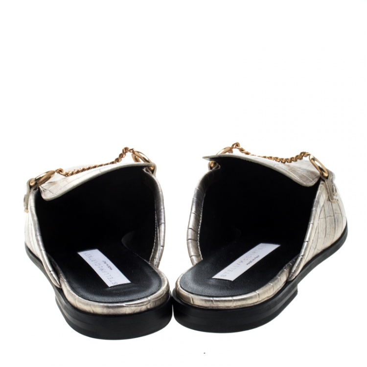 Pre Owned Stella McCartney Metallic Gold Faux Croc Embossed Leather Chain Trim Flat Slides Size 37