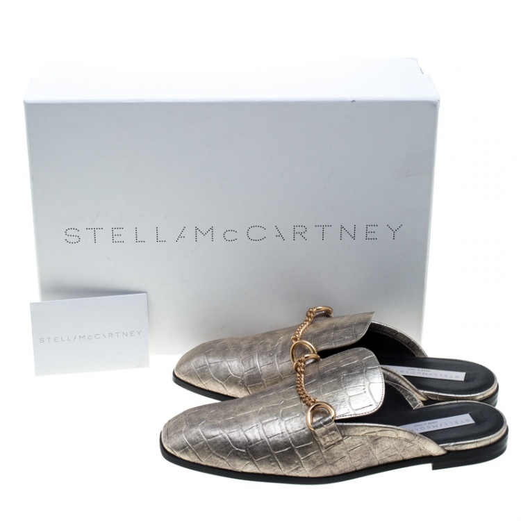 Pre Owned Stella McCartney Metallic Gold Faux Croc Embossed Leather Chain Trim Flat Slides Size 37