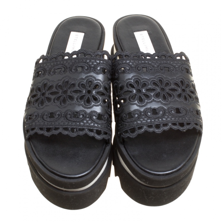 Pre Owned Stella McCartney Black Faux Leather Floral Eyelet Embroidered Platform Slides Size 38