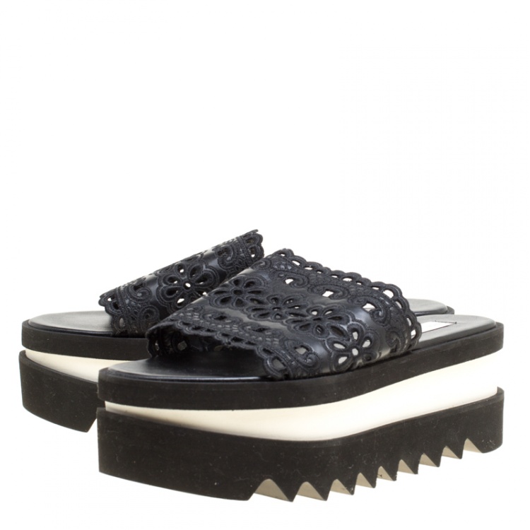 Pre Owned Stella McCartney Black Faux Leather Floral Eyelet Embroidered Platform Slides Size 38