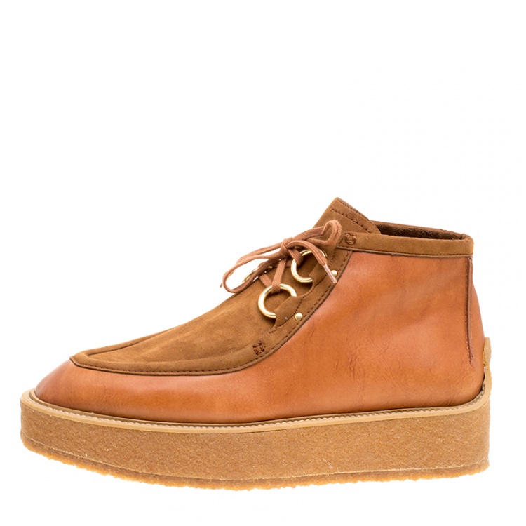 Pre Owned Stella McCartney Brown Faux Suede and Leather High Clipper Platform Ankle Boots Size 39.5