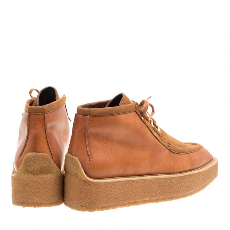 Pre Owned Stella McCartney Brown Faux Suede and Leather High Clipper Platform Ankle Boots Size 39.5