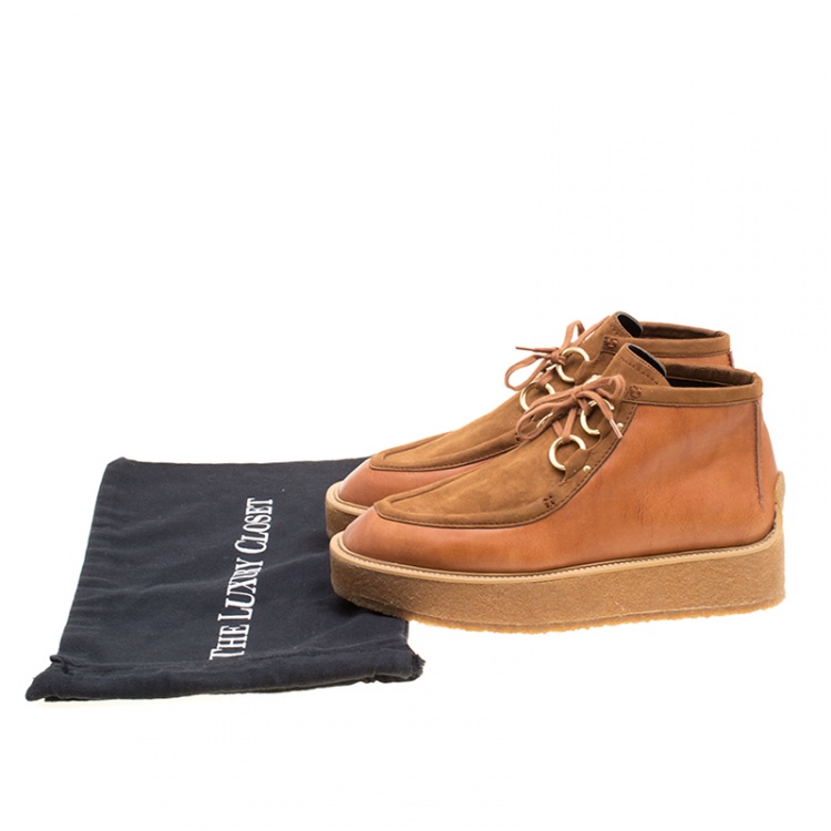 Pre Owned Stella McCartney Brown Faux Suede and Leather High Clipper Platform Ankle Boots Size 39.5