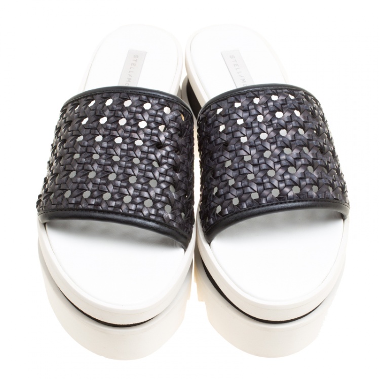 Pre Owned Stella McCartney Black Woven Faux Leather Wicker Platform Slides Size 38