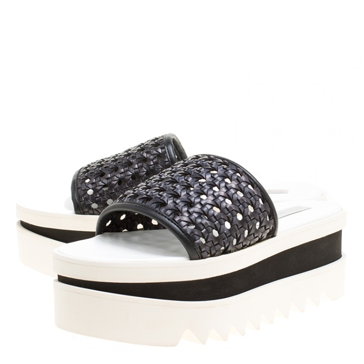 Pre Owned Stella McCartney Black Woven Faux Leather Wicker Platform Slides Size 38
