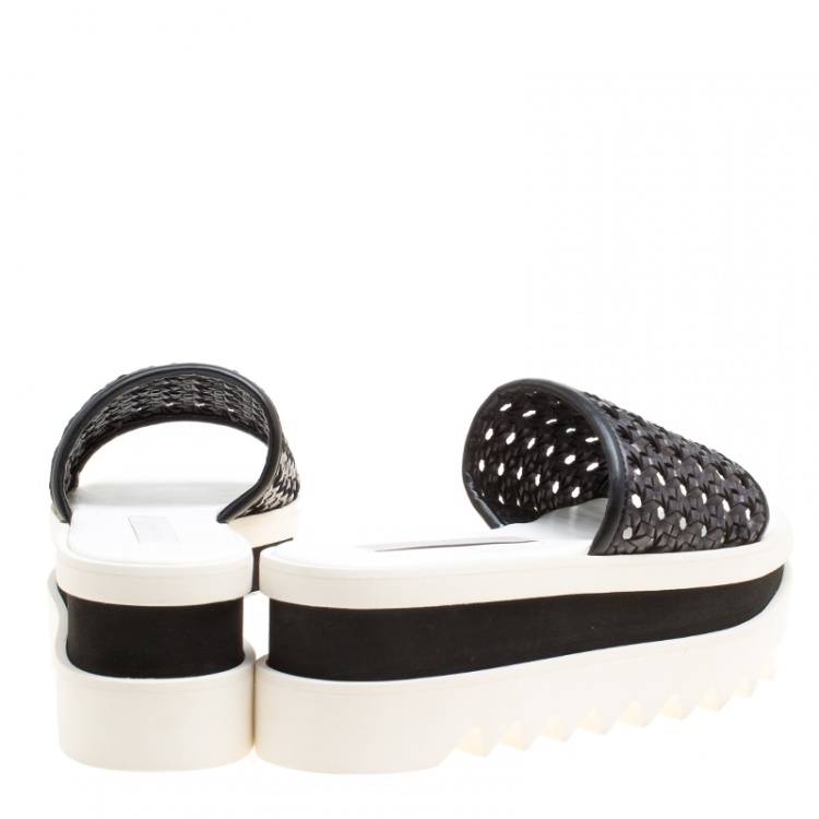 Pre Owned Stella McCartney Black Woven Faux Leather Wicker Platform Slides Size 38