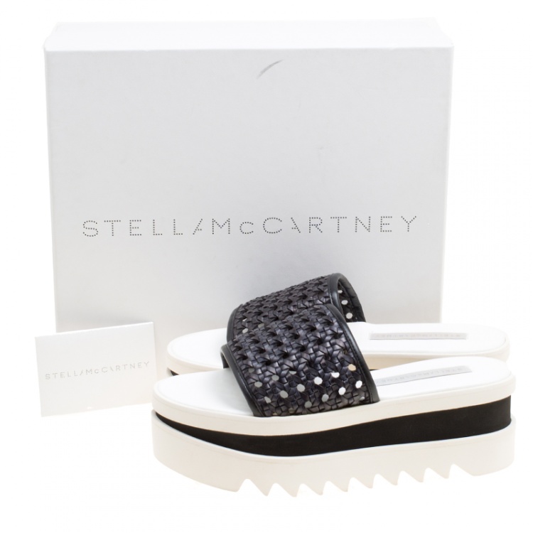 Pre Owned Stella McCartney Black Woven Faux Leather Wicker Platform Slides Size 38