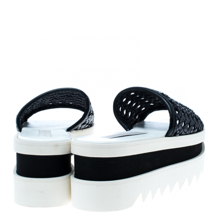 Pre Owned Stella McCartney Black Faux Woven Leather Wicker Platform Slides Size 37
