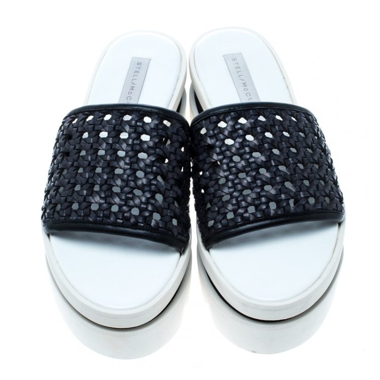 Pre Owned Stella McCartney Black Faux Woven Leather Wicker Platform Slides Size 37
