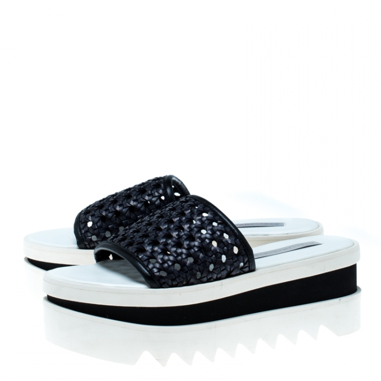 Pre Owned Stella McCartney Black Faux Woven Leather Wicker Platform Slides Size 37