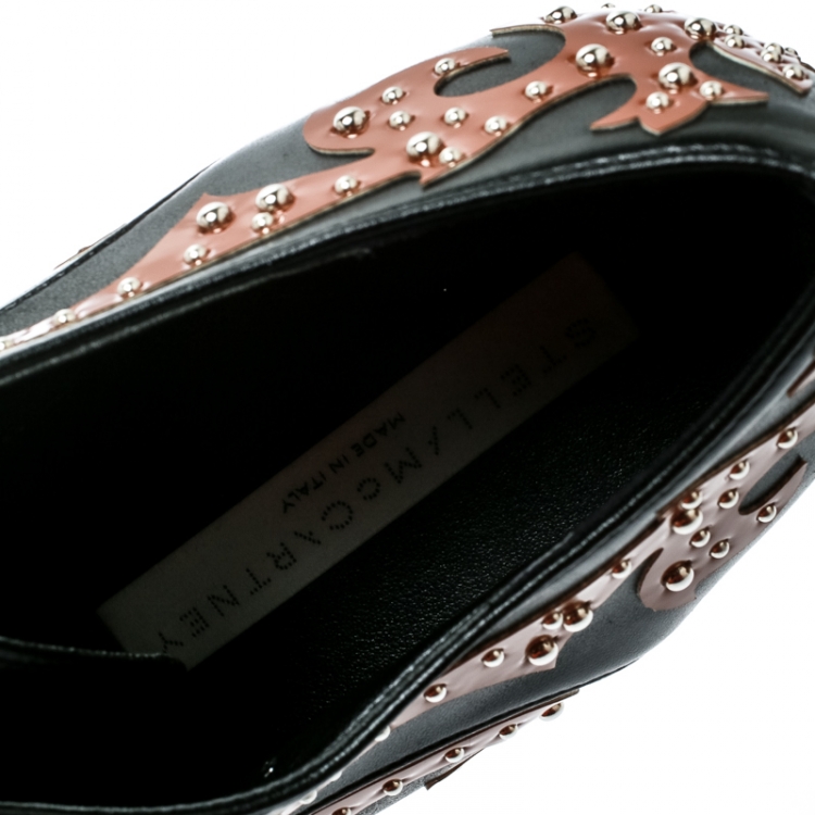Pre Owned Stella McCartney Black/Brown Studded Appliquéd Faux Leather Platform Lace Up Derby Size 39.5