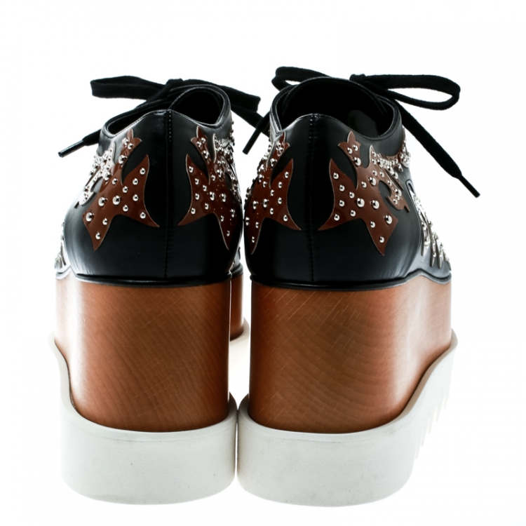 Pre Owned Stella McCartney Black/Brown Studded Appliquéd Faux Leather Platform Lace Up Derby Size 39.5