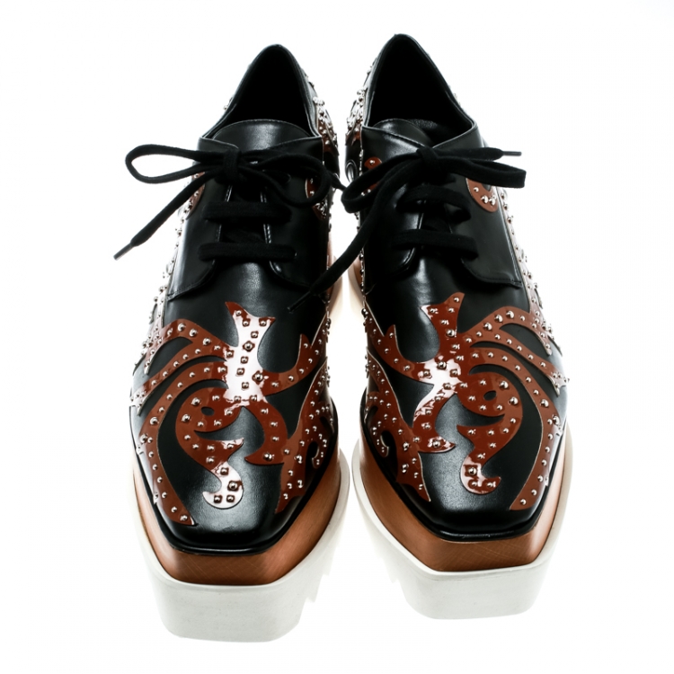 Pre Owned Stella McCartney Black/Brown Studded Appliquéd Faux Leather Platform Lace Up Derby Size 39.5
