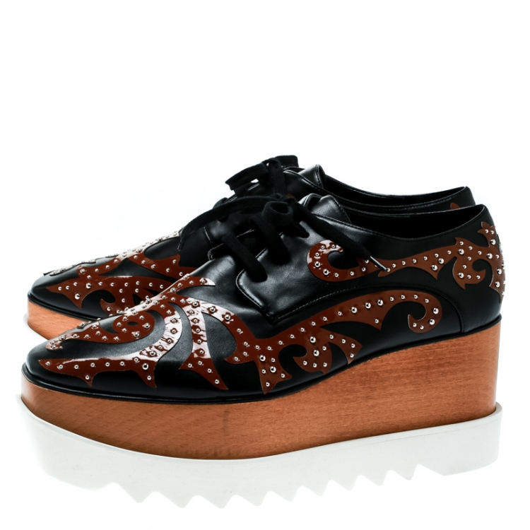 Pre Owned Stella McCartney Black/Brown Studded Appliquéd Faux Leather Platform Lace Up Derby Size 39.5