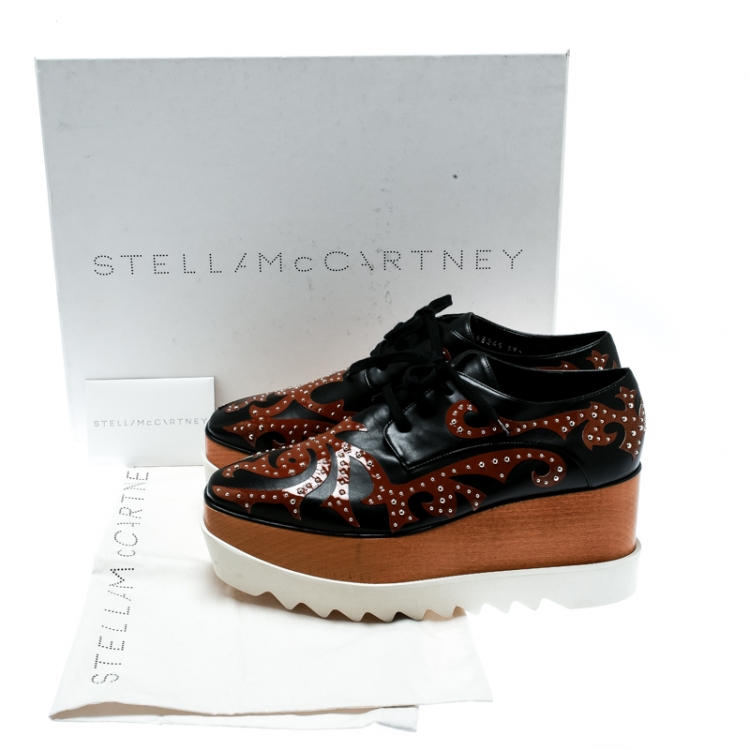 Pre Owned Stella McCartney Black/Brown Studded Appliquéd Faux Leather Platform Lace Up Derby Size 39.5