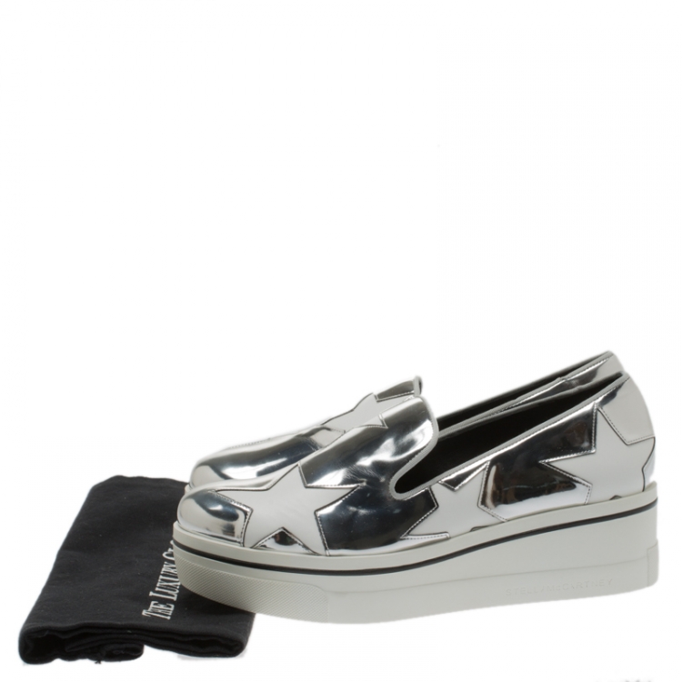 Pre Owned Stella McCartney Metallic Silver Faux Leather Binx Star Platform Slip On Sneakers Size 40
