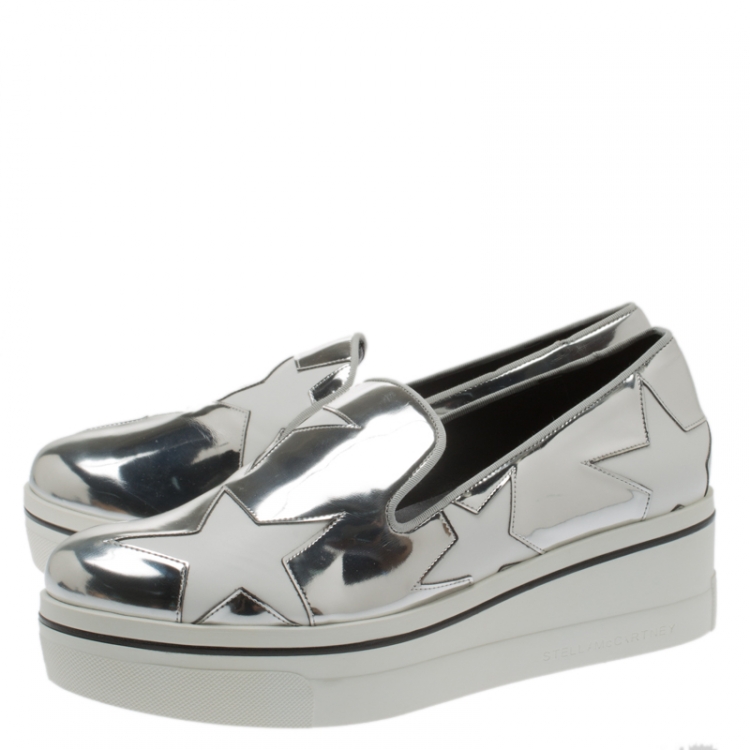Pre Owned Stella McCartney Metallic Silver Faux Leather Binx Star Platform Slip On Sneakers Size 40