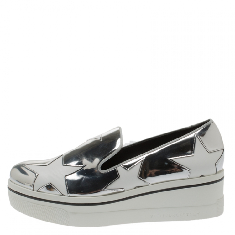 Pre Owned Stella McCartney Metallic Silver Faux Leather Binx Star Platform Slip On Sneakers Size 40