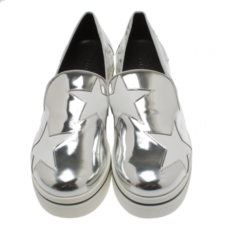 Pre Owned Stella McCartney Metallic Silver Faux Leather Binx Star Platform Slip On Sneakers Size 40