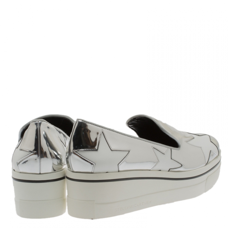 Pre Owned Stella McCartney Metallic Silver Faux Leather Binx Star Platform Slip On Sneakers Size 40
