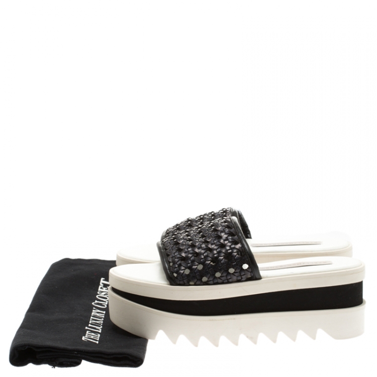 Pre Owned Stella McCartney Black Faux Woven Leather Wicker Platform Slides Size 36
