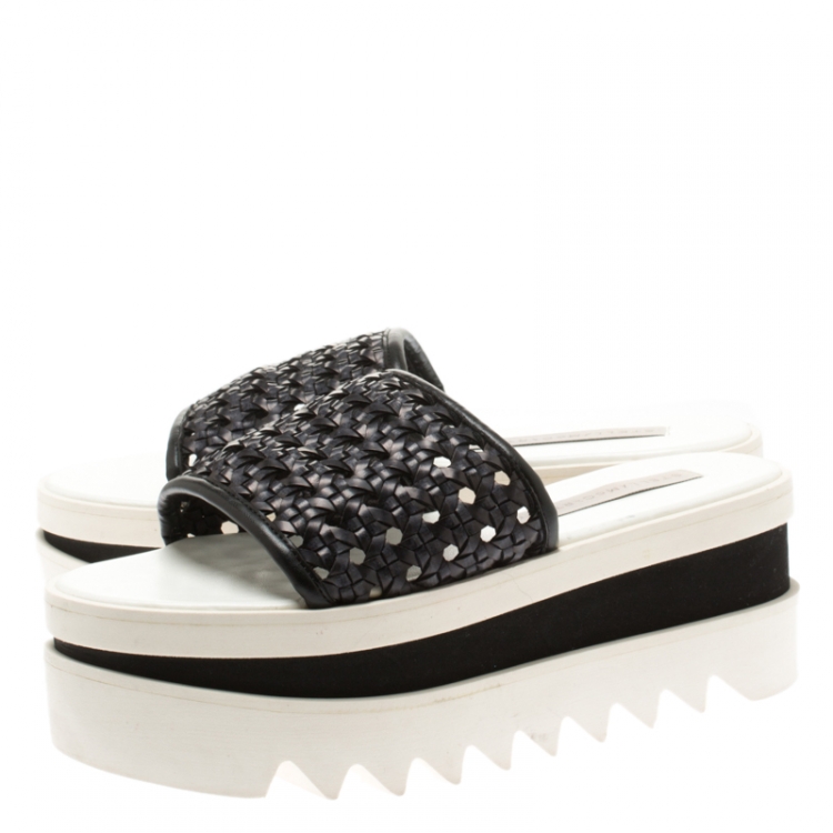 Pre Owned Stella McCartney Black Faux Woven Leather Wicker Platform Slides Size 36