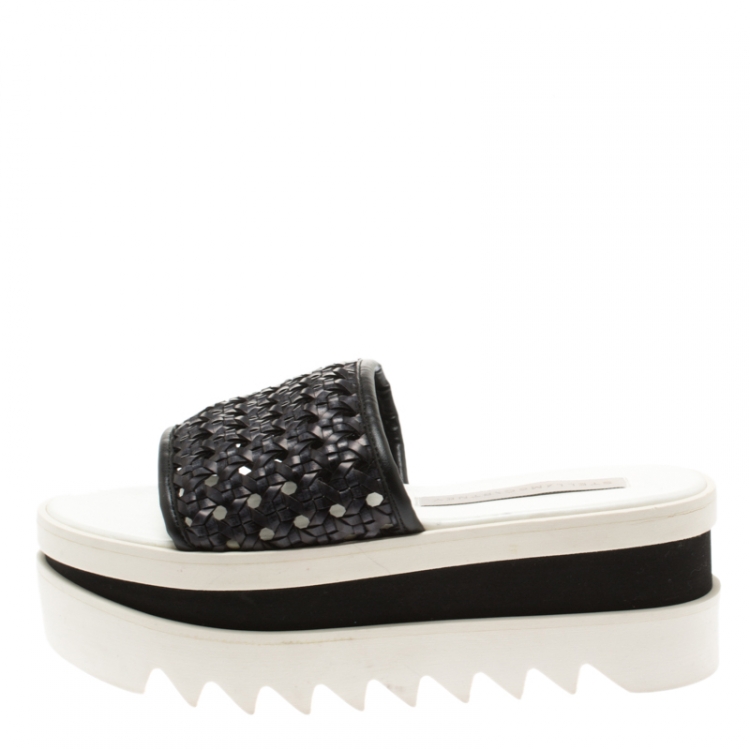Pre Owned Stella McCartney Black Faux Woven Leather Wicker Platform Slides Size 36