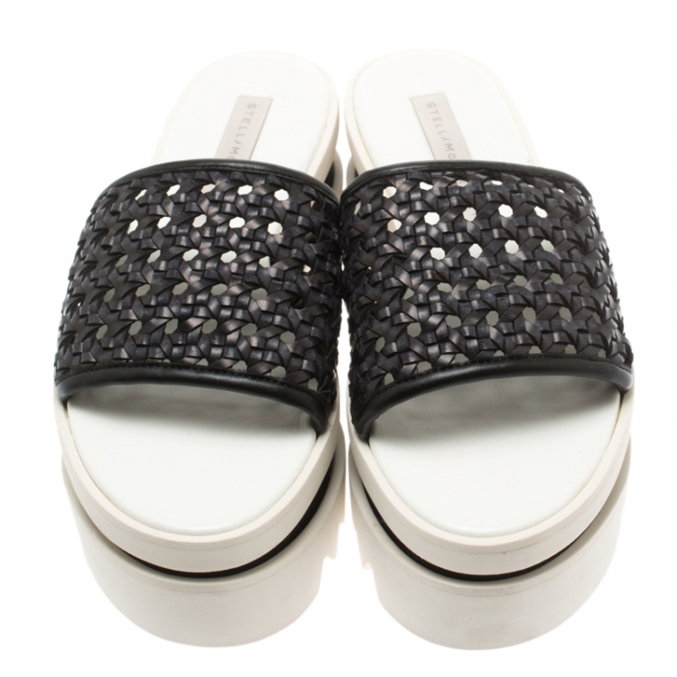 Pre Owned Stella McCartney Black Faux Woven Leather Wicker Platform Slides Size 36