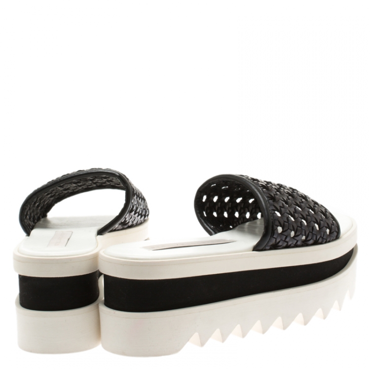 Pre Owned Stella McCartney Black Faux Woven Leather Wicker Platform Slides Size 36