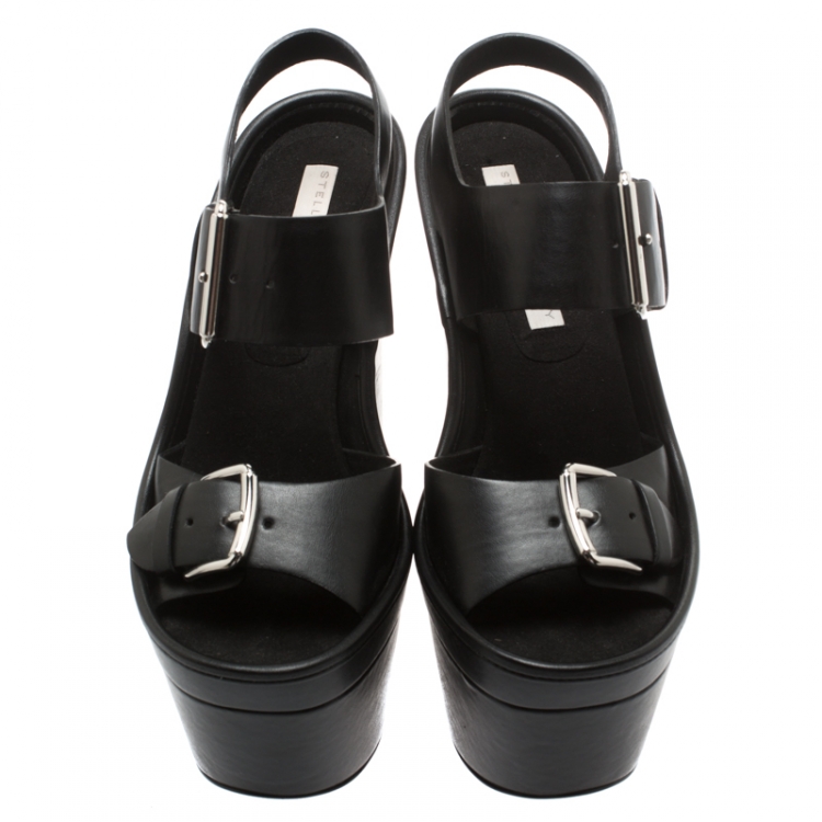 Pre Owned Stella McCartney Black Faux Leather Buckle Block Heel Platform Sandals Size 37.5