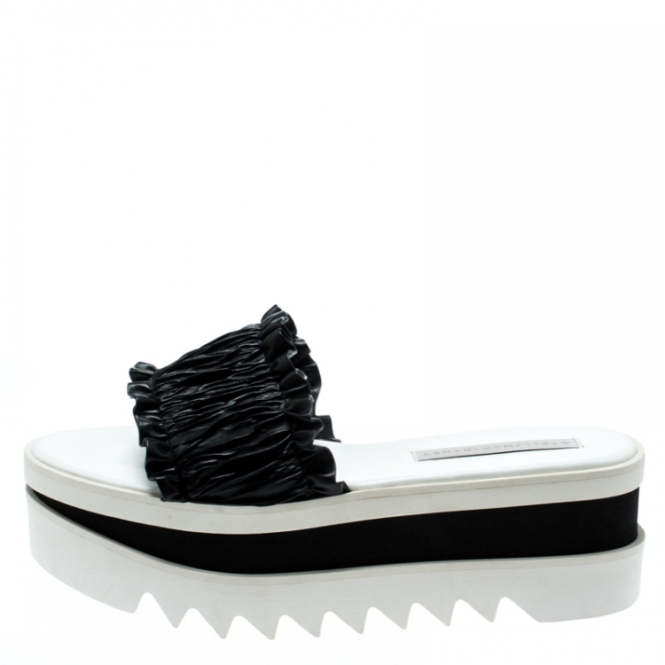 Pre Owned Stella McCartney Black Ruffle Faux Leather Platform Slide Sandals Size 40.5