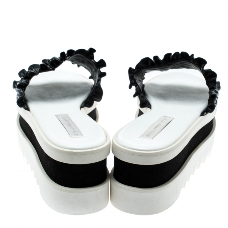 Pre Owned Stella McCartney Black Ruffle Faux Leather Platform Slide Sandals Size 40.5