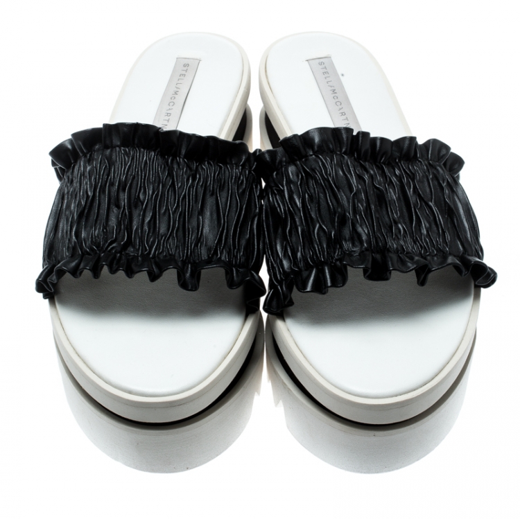 Pre Owned Stella McCartney Black Ruffle Faux Leather Platform Slide Sandals Size 40.5
