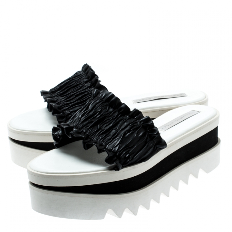 Pre Owned Stella McCartney Black Ruffle Faux Leather Platform Slide Sandals Size 40.5