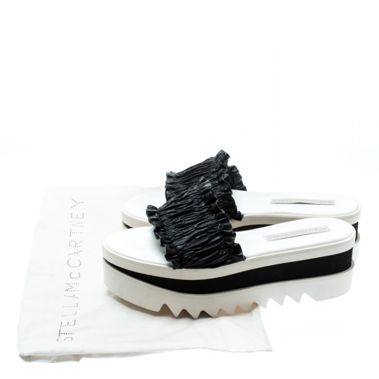 Pre Owned Stella McCartney Black Ruffle Faux Leather Platform Slide Sandals Size 40.5