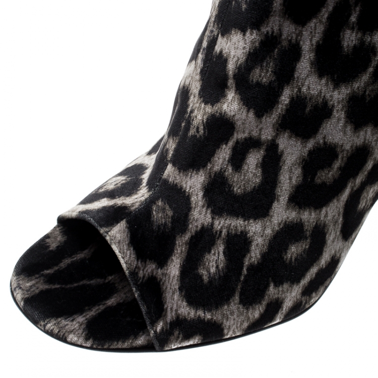 Pre Owned Stella McCartney Beige Leopard Printed Velvet Peep Toe Block Heel Ankle Boots Size 39